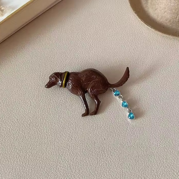 Pooping Dog Brooch with Blue Accents - Picture 1 of 7
